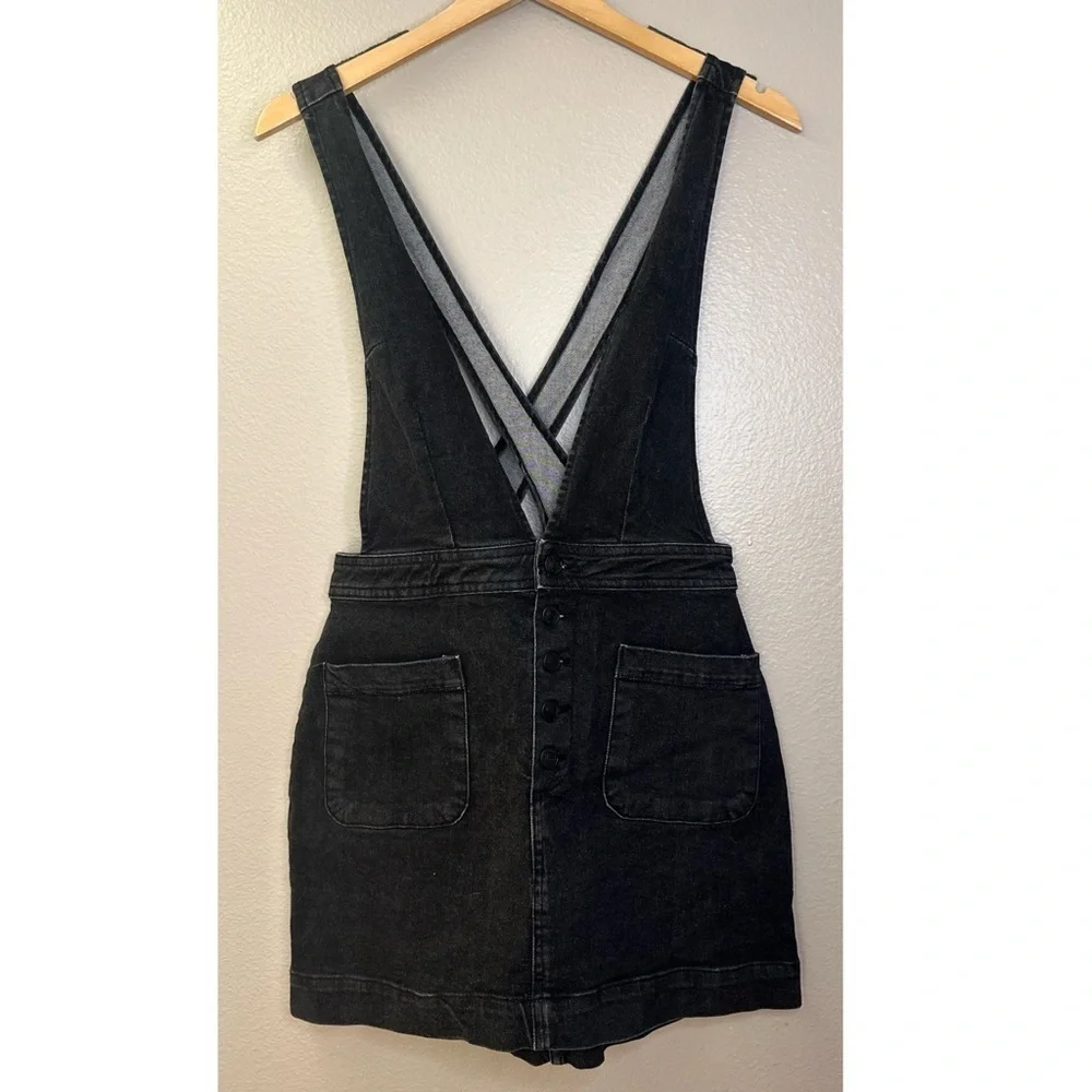 Free People Old School Love Black Wash Denim Mini Dress Overalls Skirtall - Picture 4 of 9